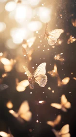 Golden butterflies hover in backlit air with floating dust