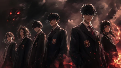 Arcane academy cadre confronting emergent infernal entity.