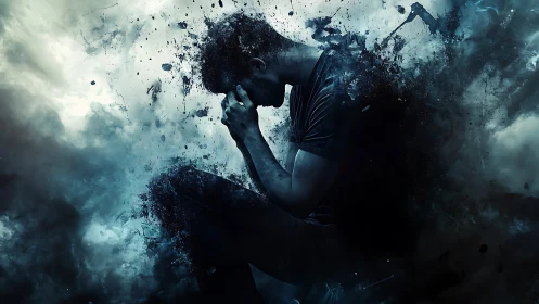 Shattered silhouette in stormy blue emotional vortex.
