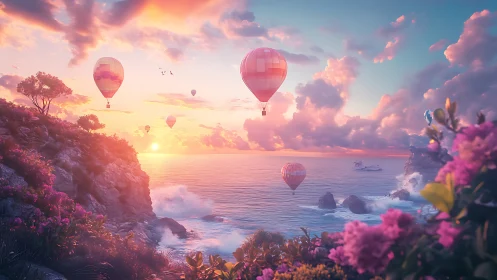 Sunlit hot air balloons drift over a dreamy coastal seascape.