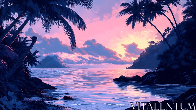 Neon dusk tropical coastline renders stylized high-contrast lighting