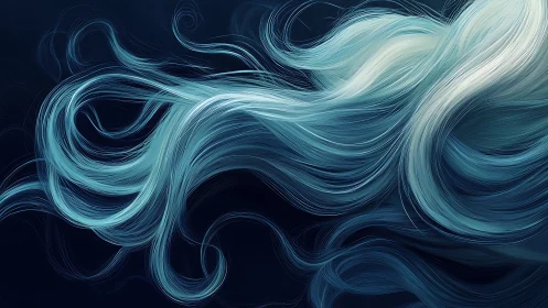 Abstract aqua light trails flowing across dark canvas.