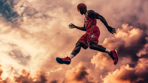 Basketball player in midair captured against dramatic sky