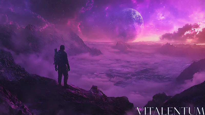Solitary astronaut surveys neon magenta alien valley under planet