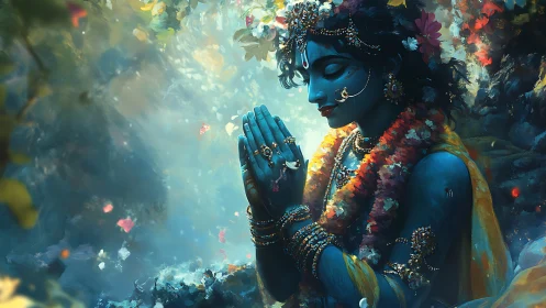 Blue-skinned figure in ornate prayerful forest scene.