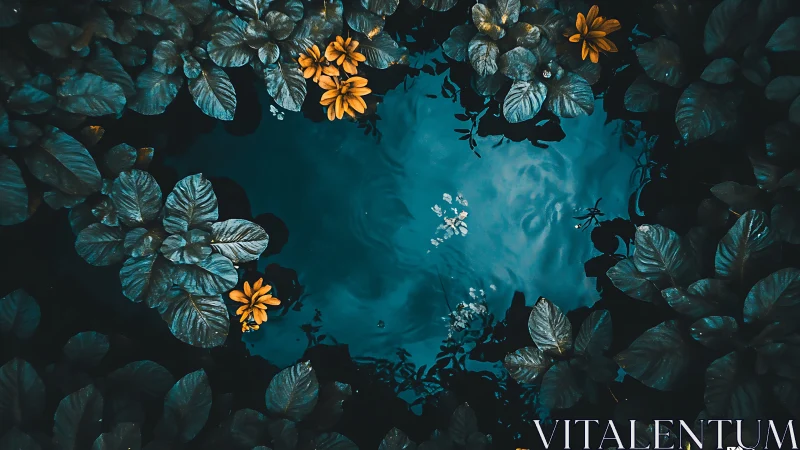 Topographic leaf ring encircling cyan aquatic negative space.