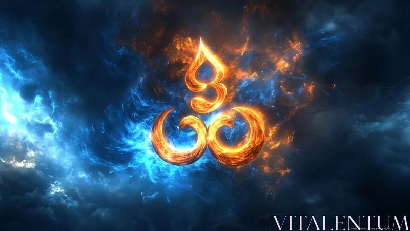 Fiery Om symbol ignites swirling storm of blue energy.