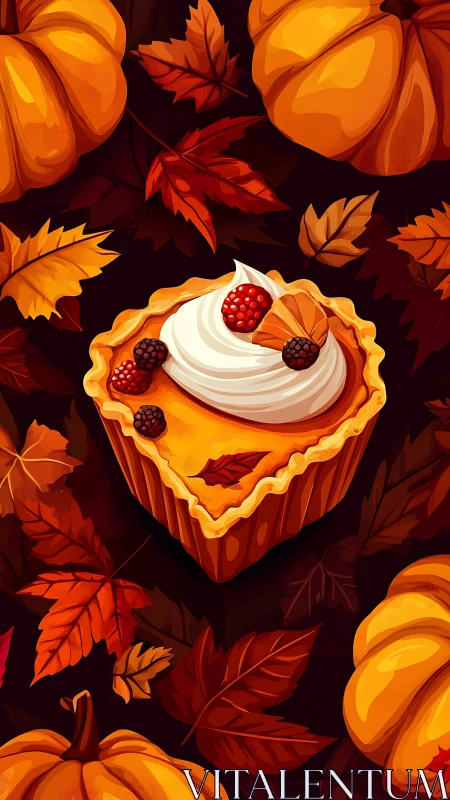 Pumpkin tart with cream amid pumpkins and autumn leaves.