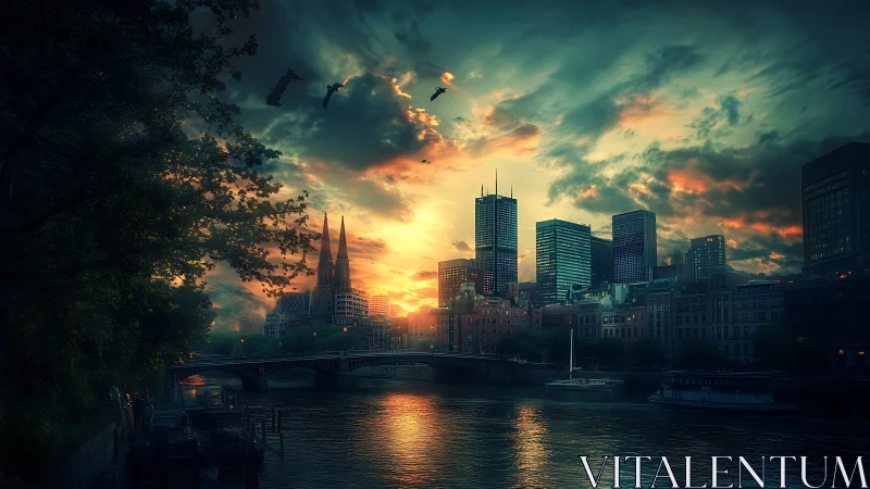 Magical riverfront city skyline glowing at dreamy sunset.