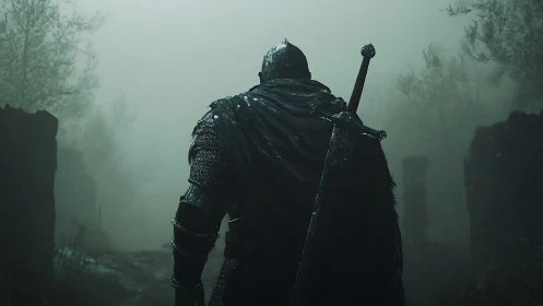 Lone armored knight advances through a fog-bound ruin