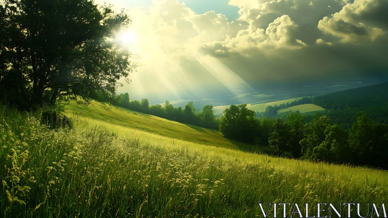 Sunlit hillside meadow where golden grass meets quiet sky.