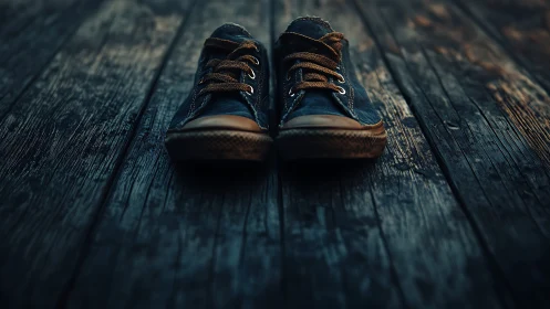 Well-worn sneakers resting quietly on weathered boards.
