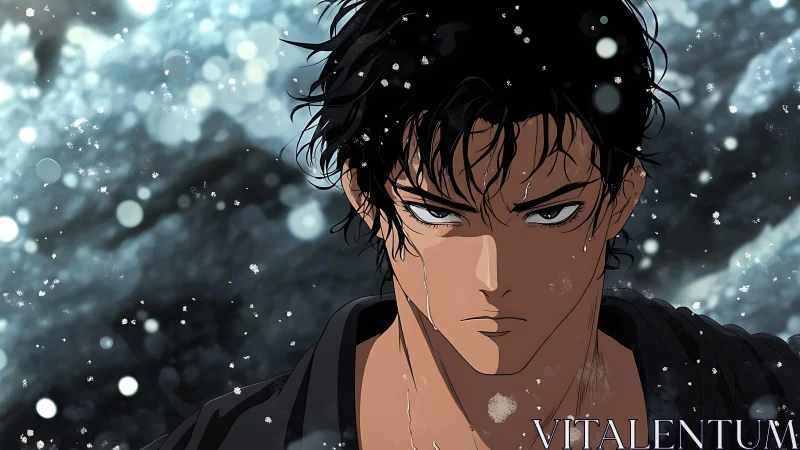 Anime portrait under snowfall with intense frontal gaze compositing.