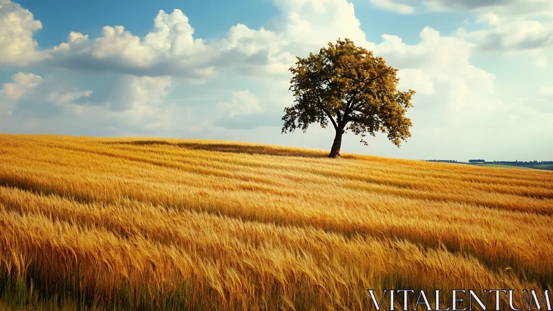 Solitary tree on sloping grain field under clouded sky.
