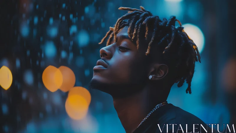 Moody urban portrait in cinematic blue and amber bokeh light.