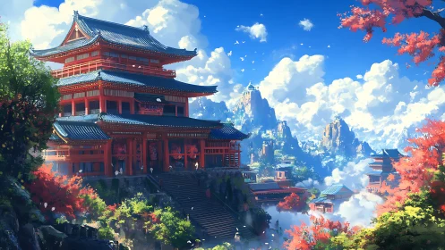 Sunlit mountain temple complex rises above drifting clouds