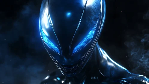 Futuristic alien sentinel gazes through glowing blue eyes