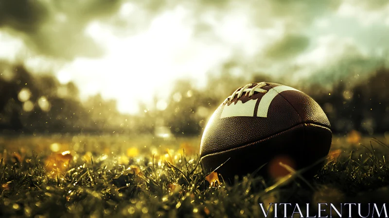 American football on grass field under low evening light.