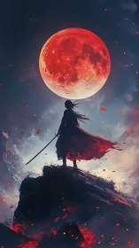 Lone katana warrior silhouetted beneath colossal blood moon