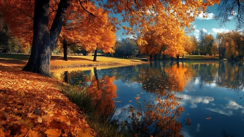 Autumn lake whispers under blazing maple crowns at noon.