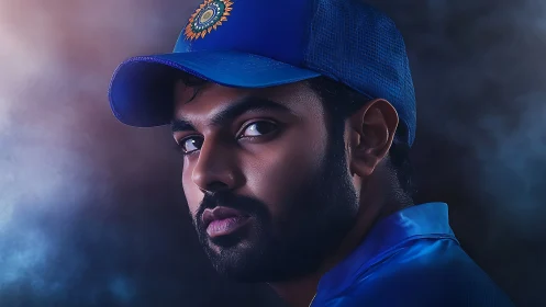 Focused cricketer gazes ahead in bold team blue lighting