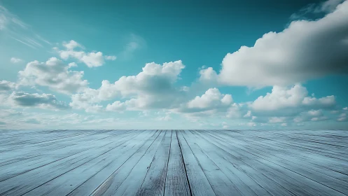 Serene sky above endless wooden deck under soft clouds.