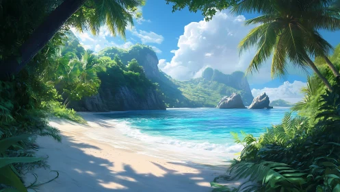 Tropical Beach Cove with Dramatic Rock Formations and Palm Trees.
