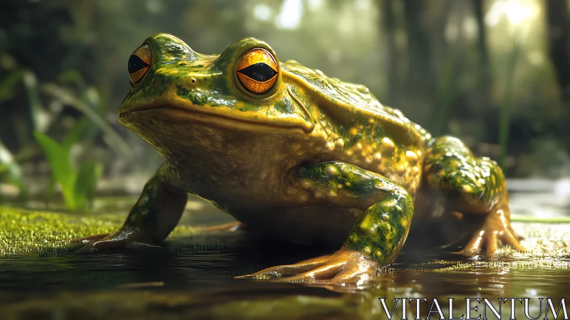 Frog occupies wet mossy ground with strong frontal perspective