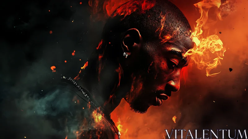 Fiery portrait merges human profile with erupting flames.