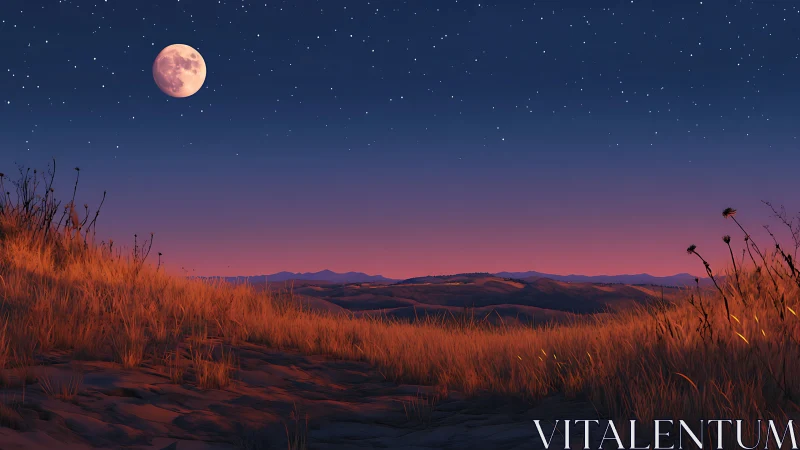 Moonlit grassy hillside overlooks distant rolling mountains at dusk