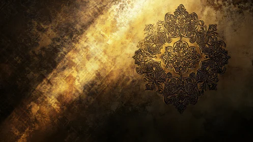 Ornate mandala casts embossed shadow on weathered gold wall