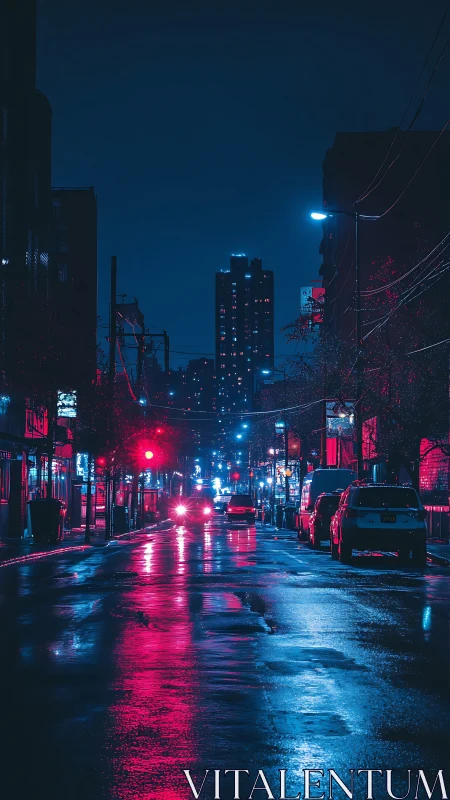 Moody neon city street glowing softly in the rainy night.