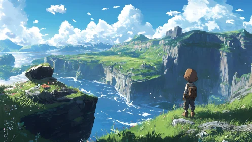 Young explorer overlooking vast coastal cliff kingdom.