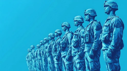 Monochrome formation of digitally rendered soldiers in linear perspective