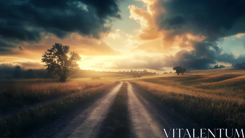 Sunlit country road recedes through cinematic golden fields
