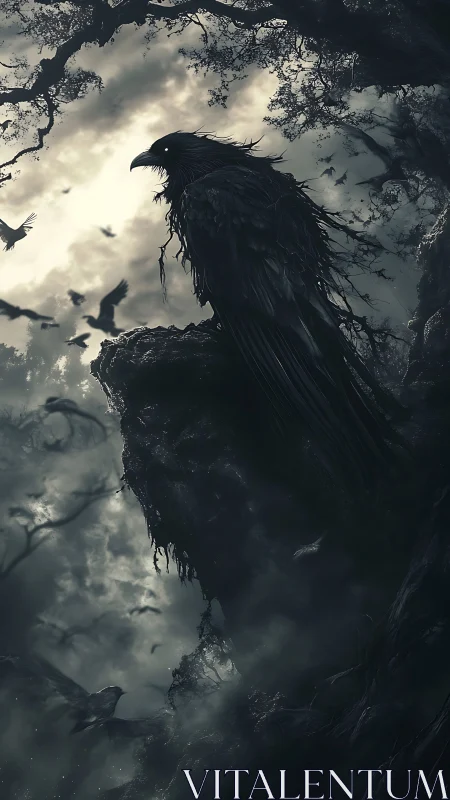 Monolithic raven silhouette dominates storm-lit cliffside.