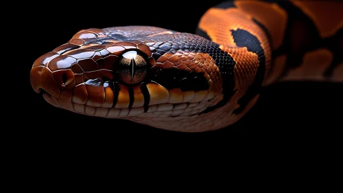 Molten-banded python glides from the shadows in gleaming focus