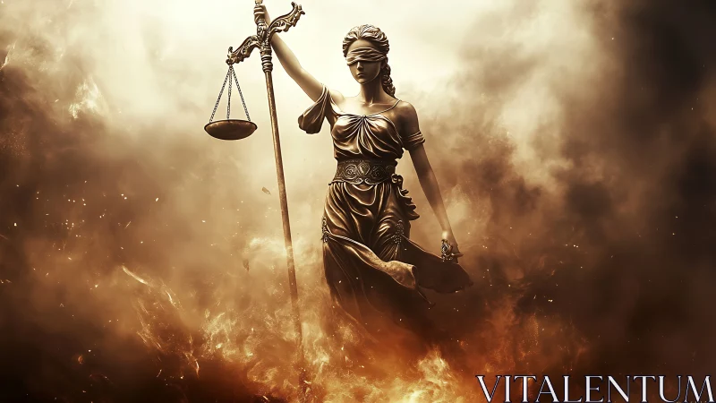 Digital painting of Lady Justice amid cinematic firestorm.