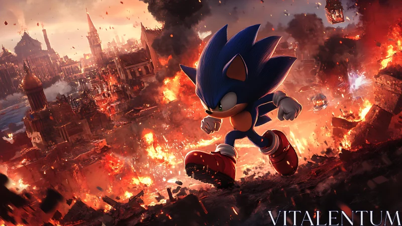 High-velocity blue hedgehog traversing incendiary ruinscape.