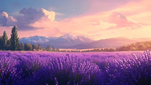 Digital painting of lavender plains under radiant alpine sunset.
