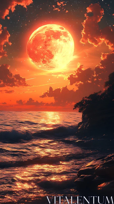 Overscaled molten moon illuminates cinematic twilight seascape