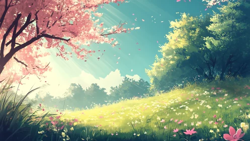 Sunlit blossom meadow where spring quietly sings aloud.