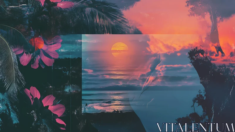 Layered tropical sunset collage merges seascape and flora forms