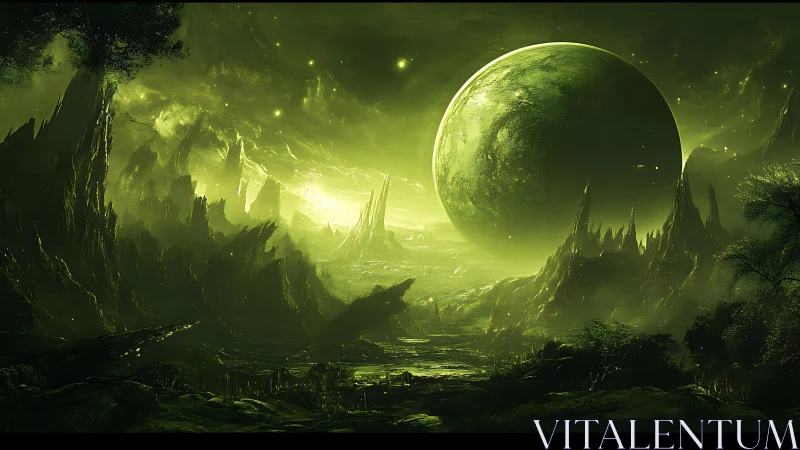 Distant green planet dominates a jagged alien landscape