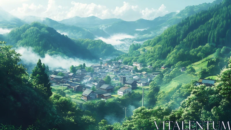 High-detail valley village rendered with layered atmospheric depth