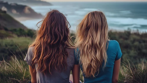 Two women with long hair sitting on grassy cliff overlooking ocean at sunset.