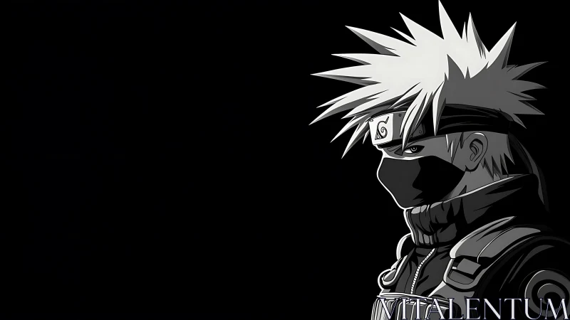 Masked silver-haired ninja in moonlit grayscale hush.