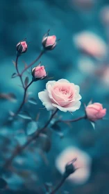 Pink roses with buds blooming against deep teal bokeh background.
