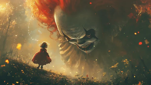 Giant demonic clown looms over child in eerie forest