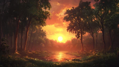 Sunlit forest river glowing under vivid sunset sky.